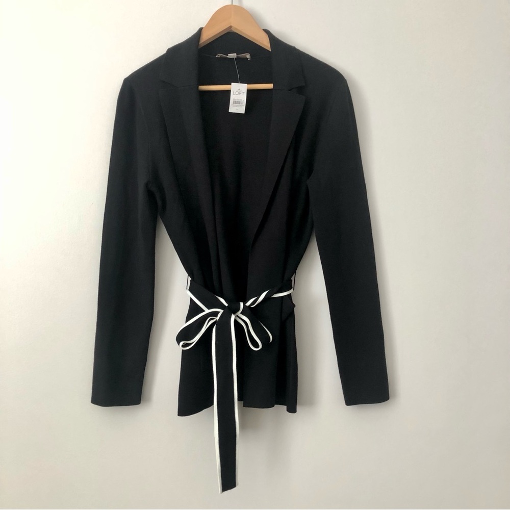 LOFT Black Blazer Cardigan White-Trim Tie Waist Tie Casual Women’s Size M NWT
